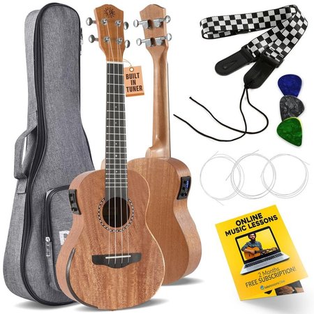 PYLE Acoustic-Electric Ukulele - Solid Top Mahogany Ukulele with Full Starter Package PUKTEA22